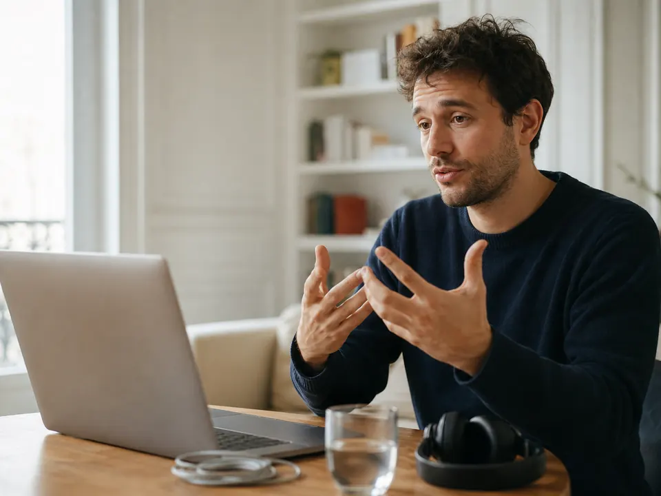 Personne face à une webcam sur un ordinateur portable dans un salon clair, casque posé sur la table